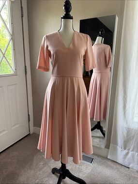 Sz 0 Gal Meets Glam Blush Pink Midi Fit-and-Flare V-Neck Dress